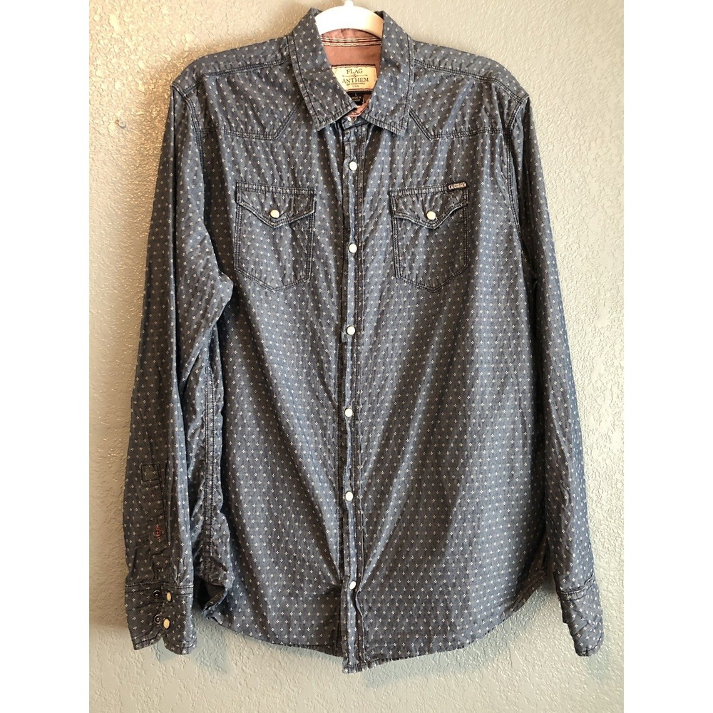 Flag & Anthem Flannel Shirt Large Blue Pearl Snap Preppy Cowboy Academia Western